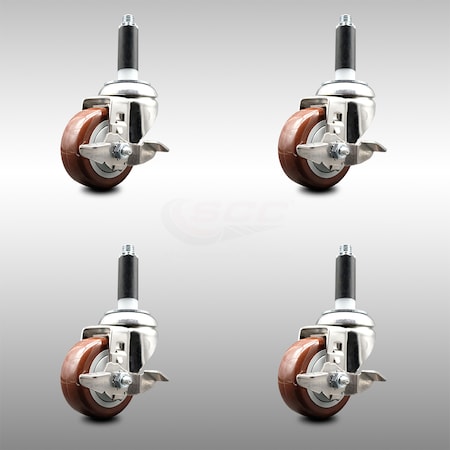 Service Caster 3.5 Inch 316SS Maroon Poly Swivel 3/4 Inch Expanding Stem Caster Set Brake SCC SCC-SS316EX20S3514-PPUB-MRN-TLB-34-4
